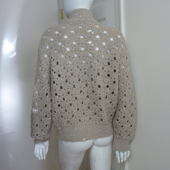 Brunello Cucinelli Paillette Round Open-Weave Cashmere Blend Zip Sweater - Picture 9 of 11